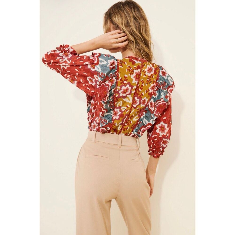 FARM Rio M Floral Puff Sleeve Bodysuit Red Boho Ruffle V-Neck Anthropologie - Picture 7 of 12